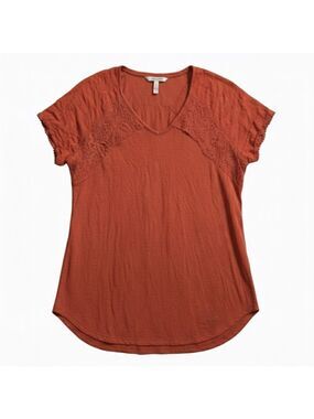 Knox Rose Boho Lace Trim Top Medium Red Orange V Neck Short Sleeve Lightweight